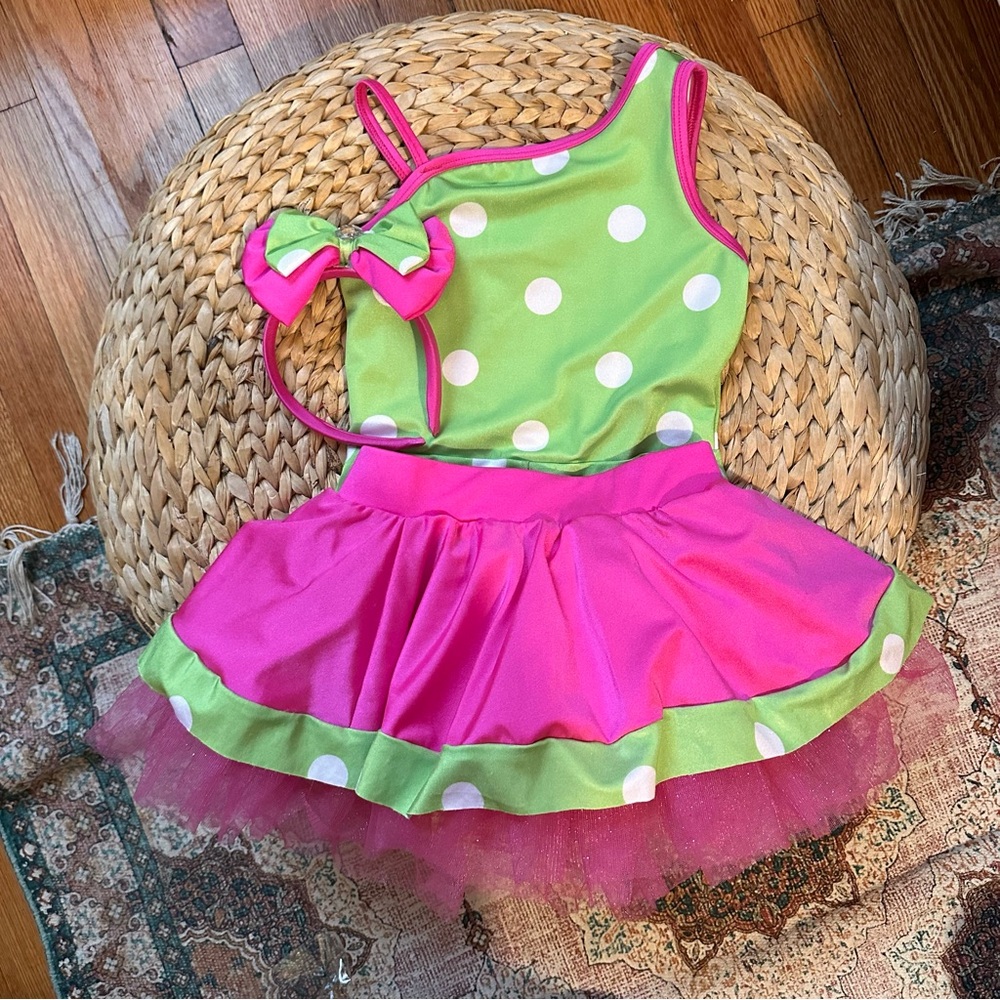 Lime Green Polka Dot with Pink Tutu Skirt Dance Costume